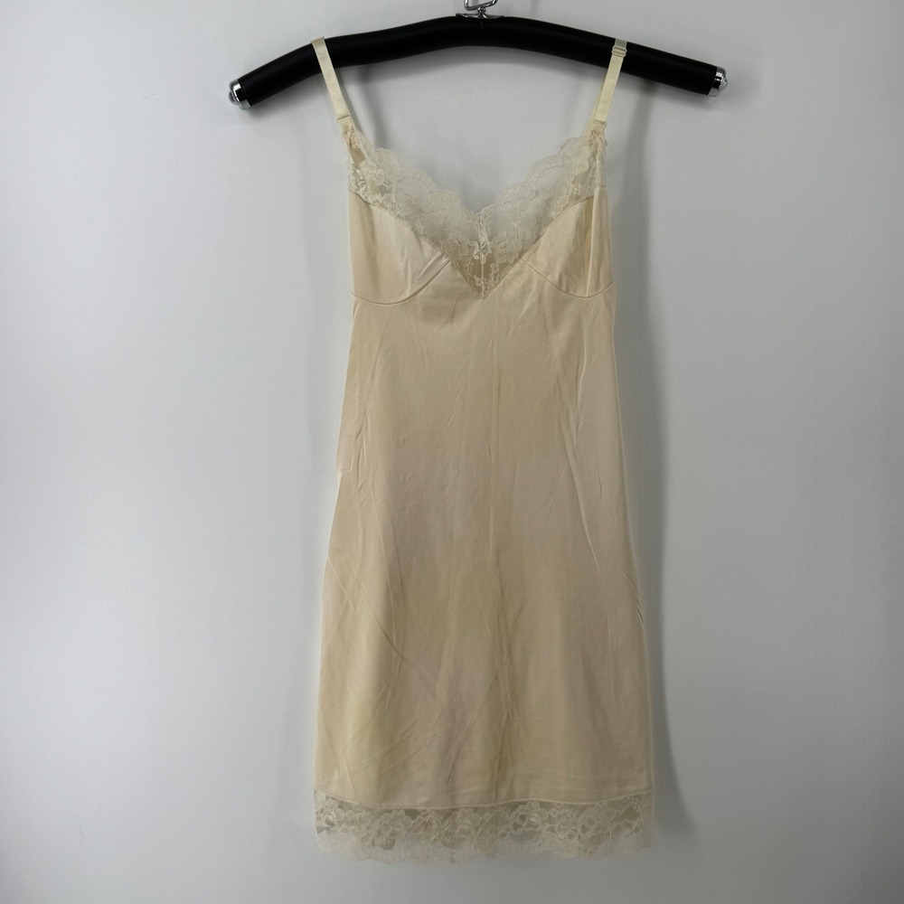 Vintage Cream Lace Trim Full Slip Adjustable Straps V-Neck Mini Lingerie Dress